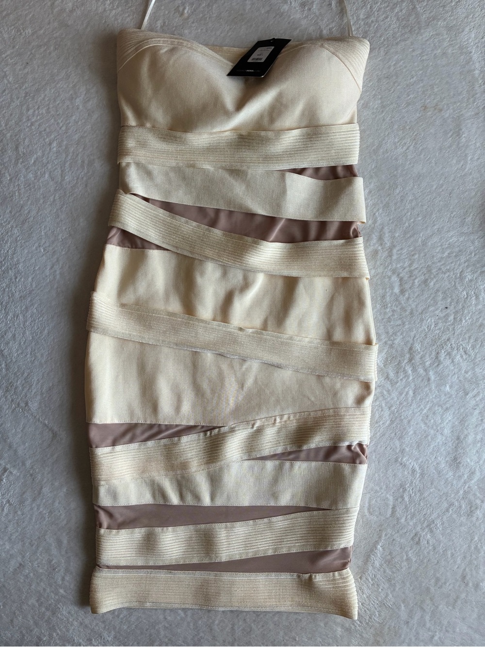 Fashion Nova Strapless Cream Dress with Taupe Insets